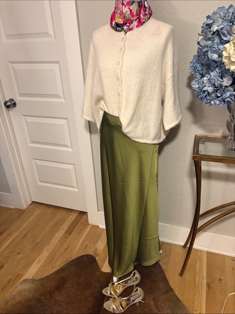 Commense Olive Satin Maxi Skirt - Picture 2 of 5
